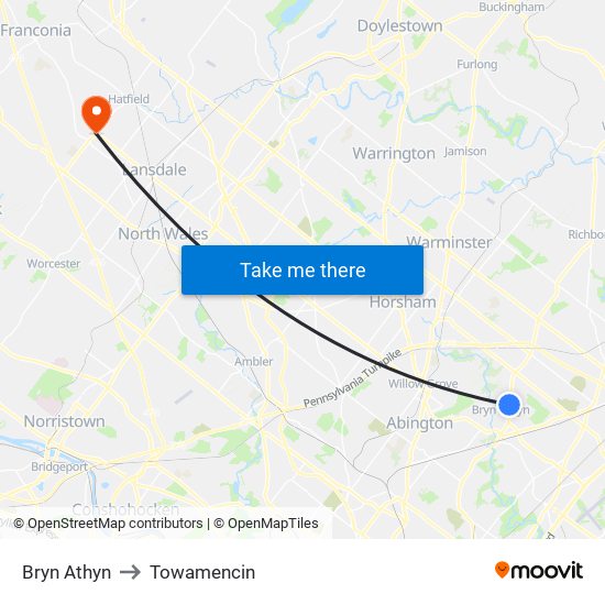 Bryn Athyn to Towamencin map