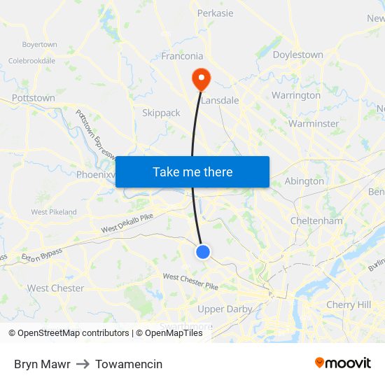 Bryn Mawr to Towamencin map