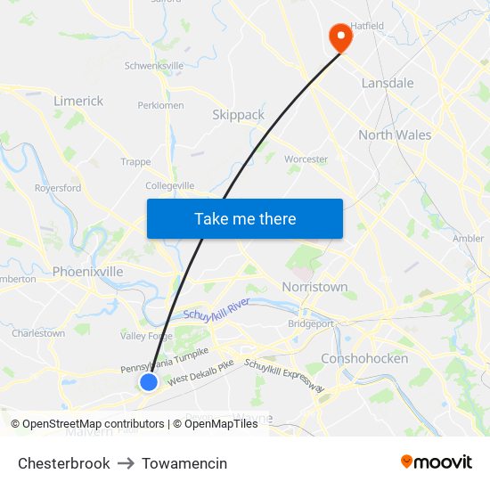Chesterbrook to Towamencin map