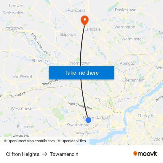 Clifton Heights to Towamencin map