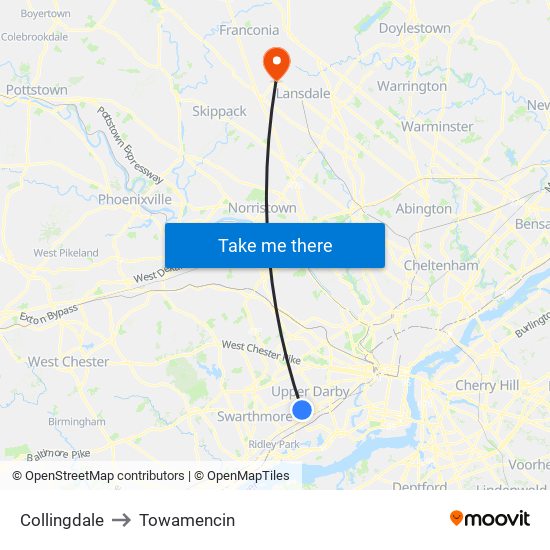 Collingdale to Towamencin map