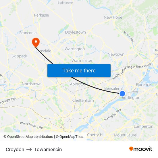 Croydon to Towamencin map