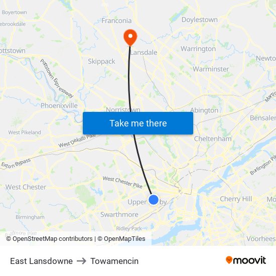 East Lansdowne to Towamencin map