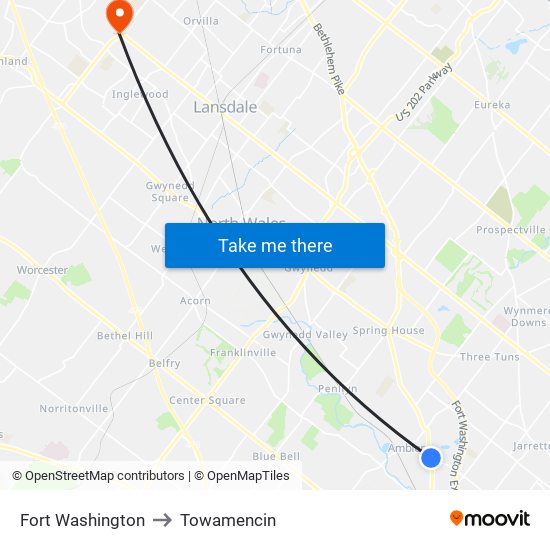 Fort Washington to Towamencin map