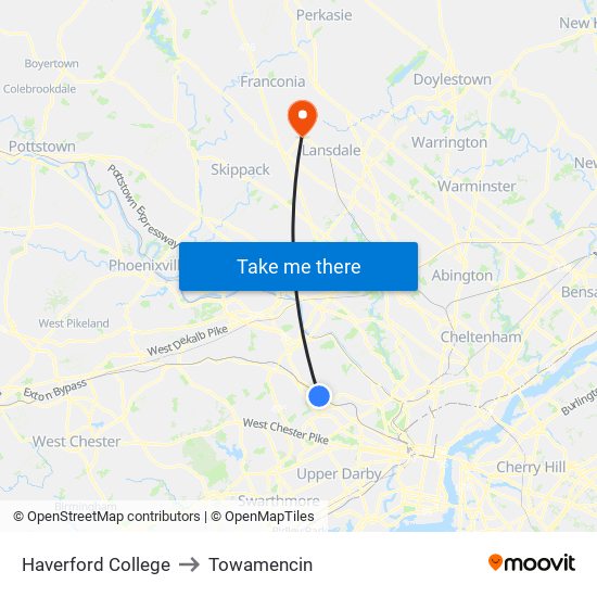 Haverford College to Towamencin map