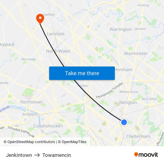Jenkintown to Towamencin map