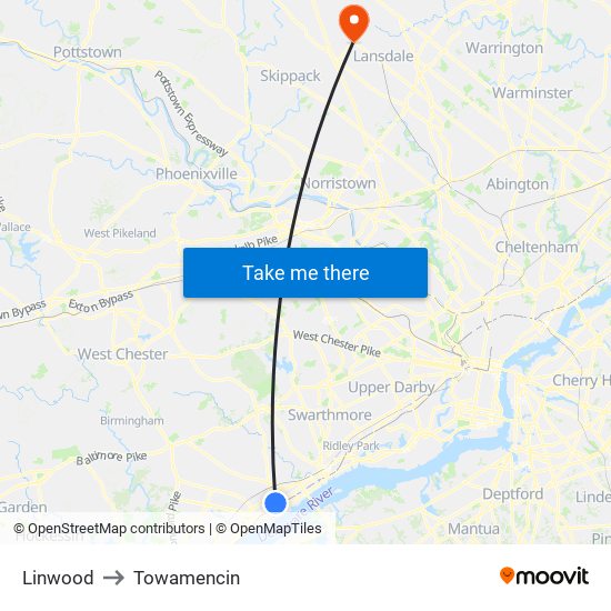 Linwood to Towamencin map