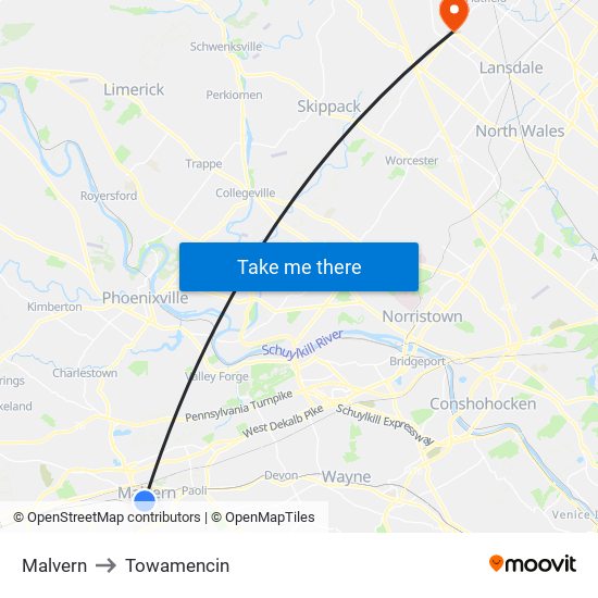 Malvern to Towamencin map