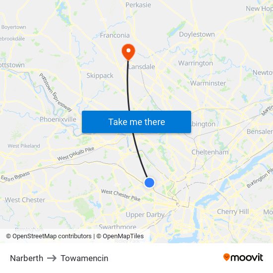 Narberth to Towamencin map