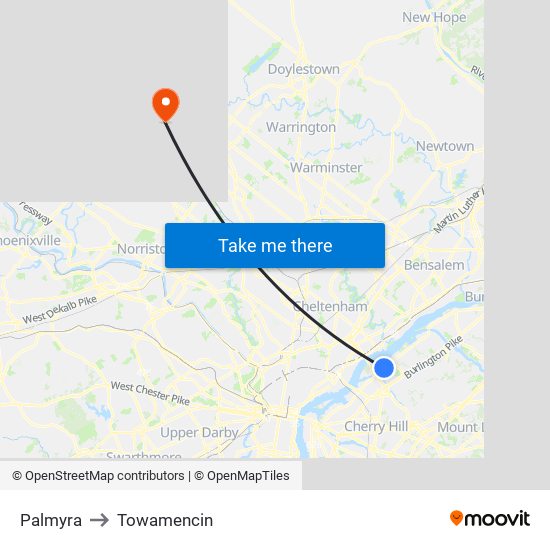 Palmyra to Towamencin map