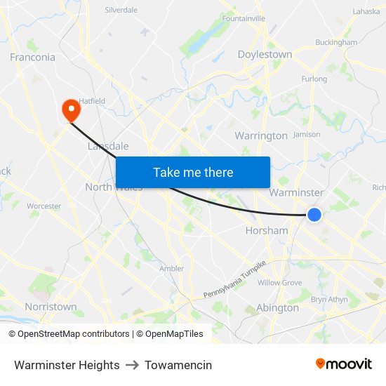 Warminster Heights to Towamencin map