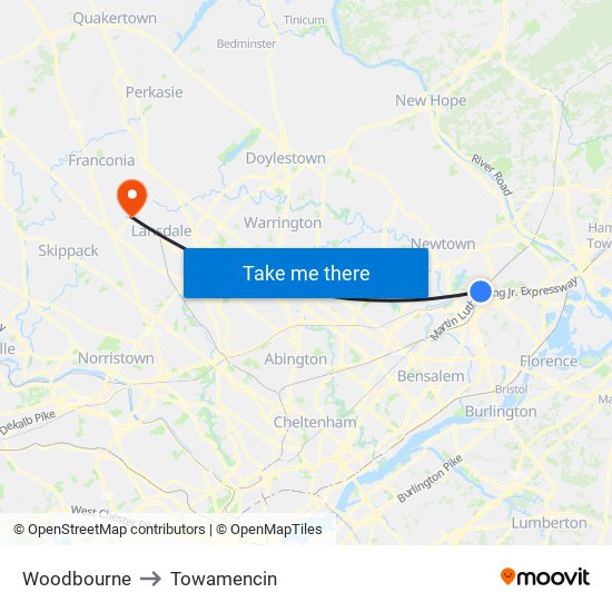 Woodbourne to Towamencin map