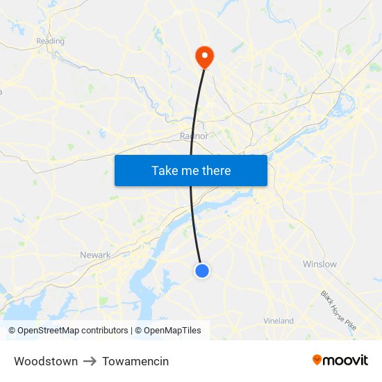 Woodstown to Towamencin map
