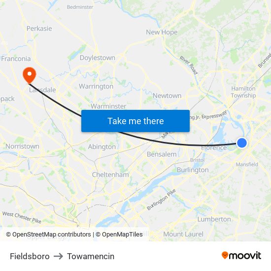 Fieldsboro to Towamencin map