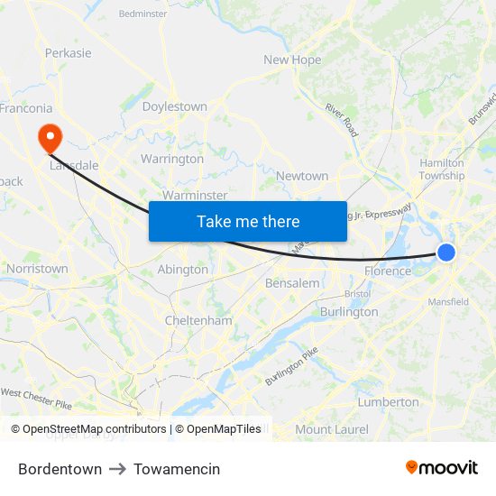 Bordentown to Towamencin map