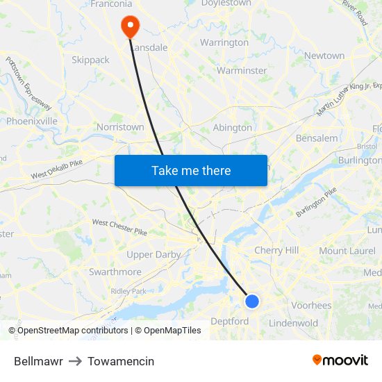 Bellmawr to Towamencin map