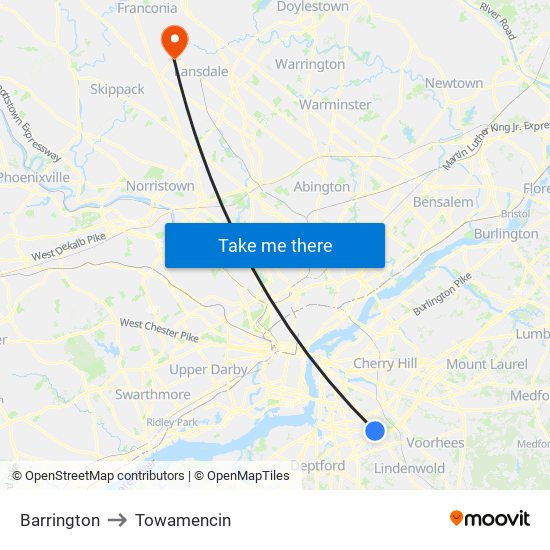 Barrington to Towamencin map