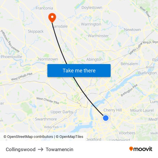 Collingswood to Towamencin map