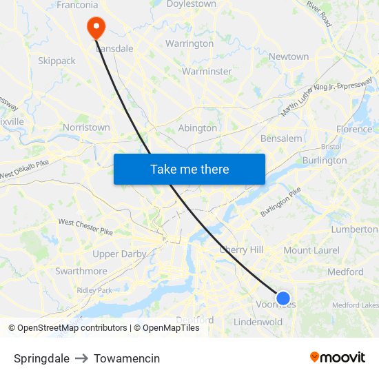 Springdale to Towamencin map