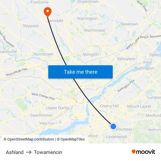 Ashland to Towamencin map