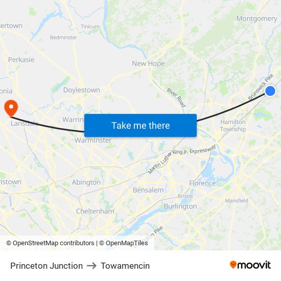Princeton Junction to Towamencin map