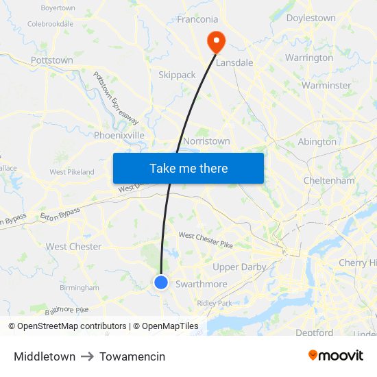 Middletown to Towamencin map