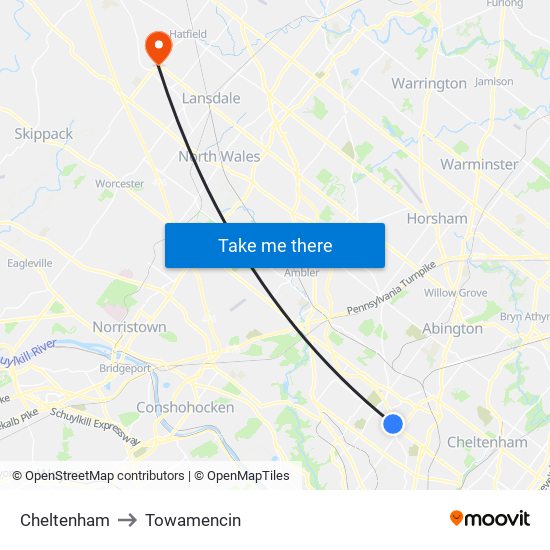 Cheltenham to Towamencin map