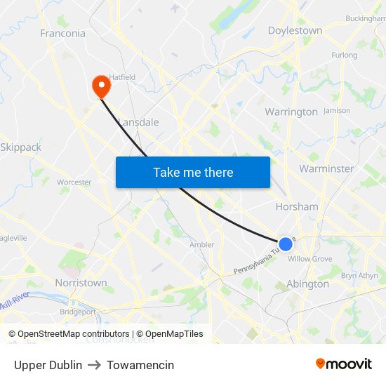 Upper Dublin to Towamencin map