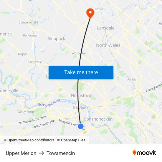 Upper Merion to Towamencin map