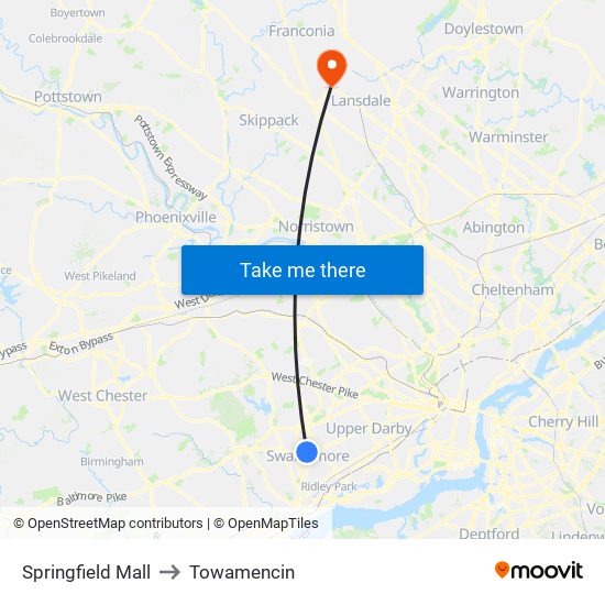 Springfield Mall to Towamencin map