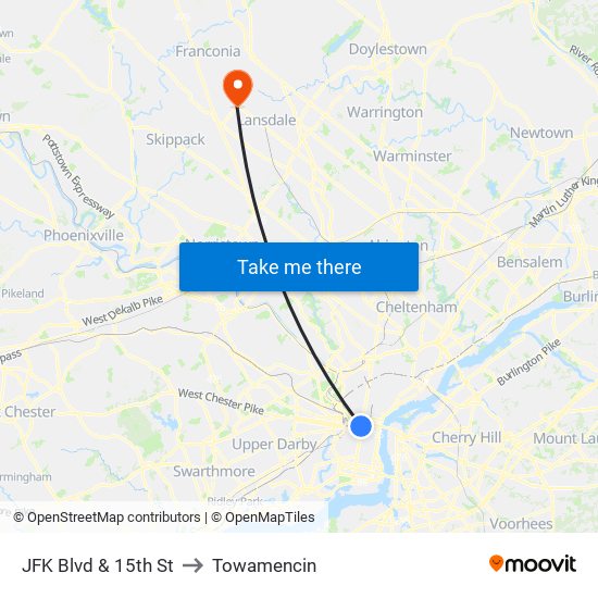 JFK Blvd & 15th St to Towamencin map