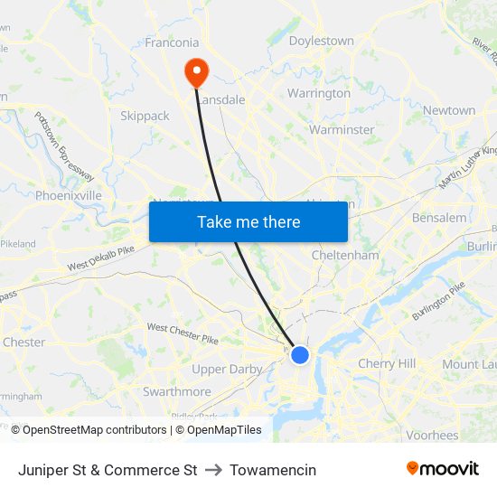 Juniper St & Commerce St to Towamencin map