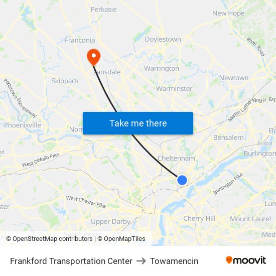 Frankford Transportation Center to Towamencin map