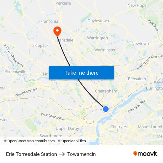 Erie Torresdale Station to Towamencin map