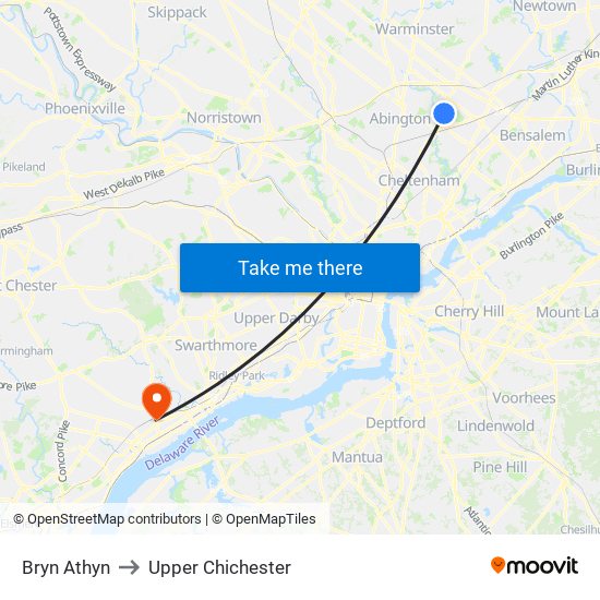 Bryn Athyn to Upper Chichester map