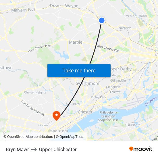 Bryn Mawr to Upper Chichester map