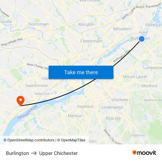 Burlington to Upper Chichester map