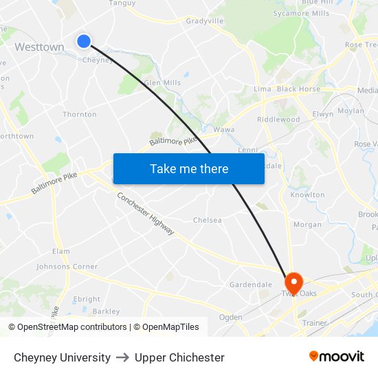 Cheyney University to Upper Chichester map