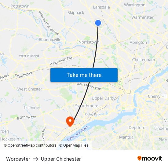 Worcester to Upper Chichester map