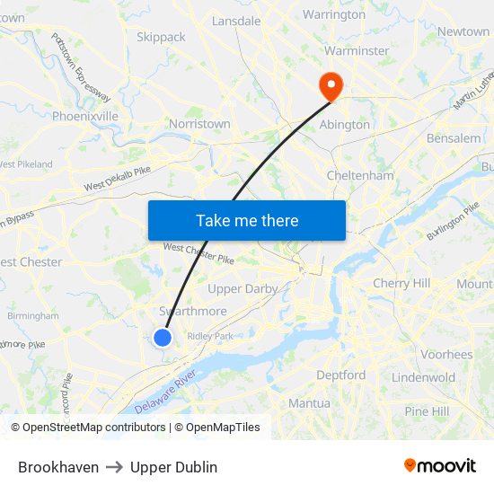 Brookhaven to Upper Dublin map