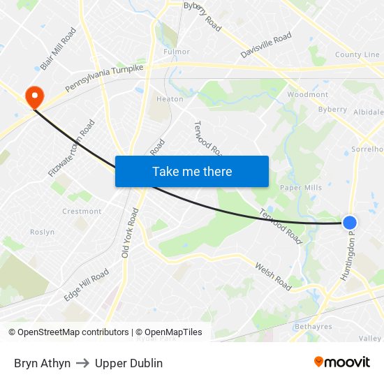 Bryn Athyn to Upper Dublin map