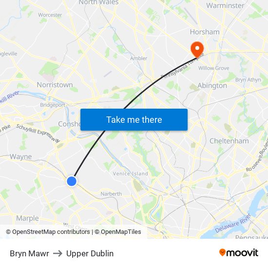 Bryn Mawr to Upper Dublin map