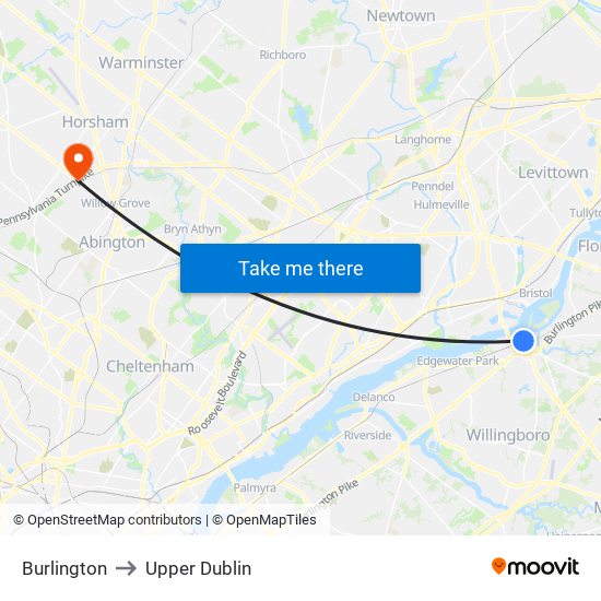 Burlington to Upper Dublin map