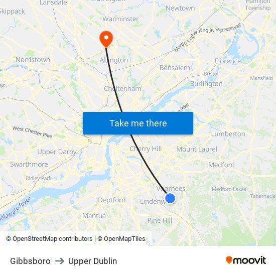 Gibbsboro to Upper Dublin map