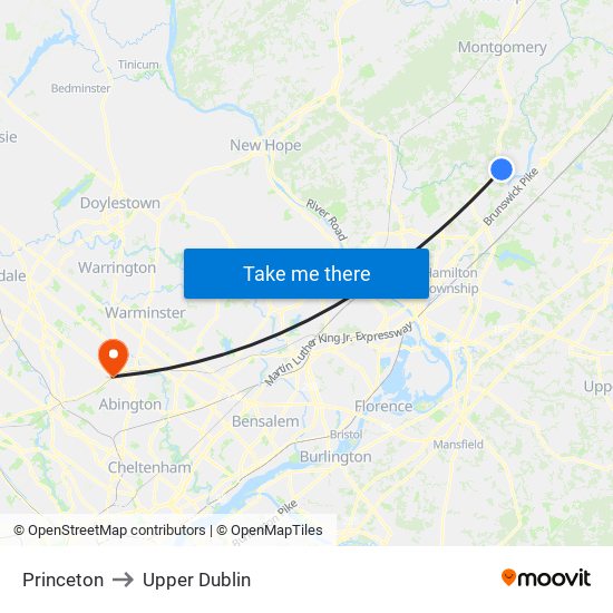 Princeton to Upper Dublin map