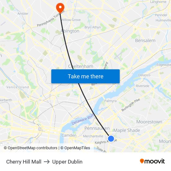 Cherry Hill Mall to Upper Dublin map