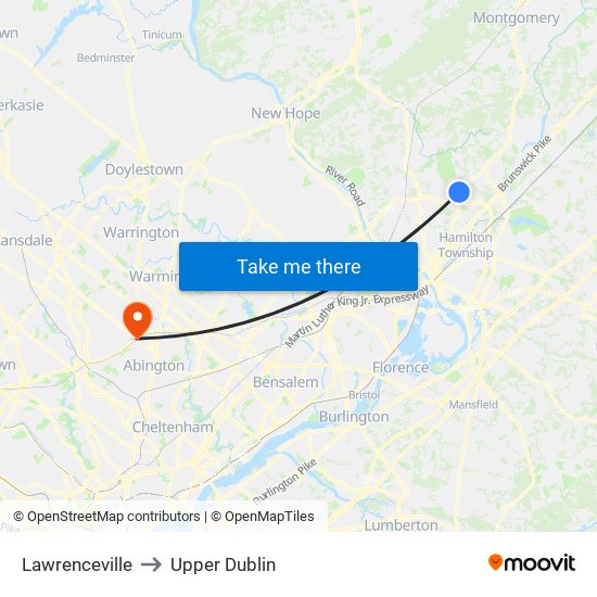 Lawrenceville to Upper Dublin map