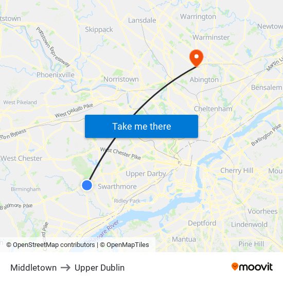 Middletown to Upper Dublin map