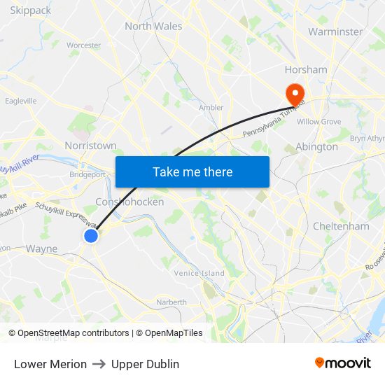 Lower Merion to Upper Dublin map