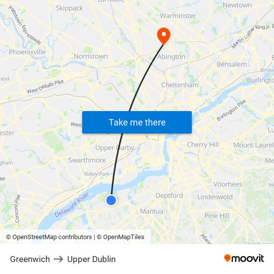 Greenwich to Upper Dublin map